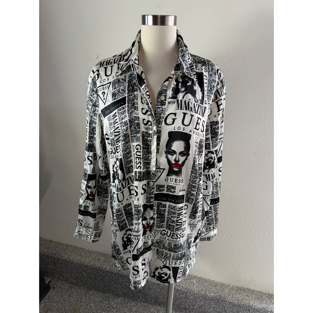 Y2K Guess Womens Large Black White Newspaper Graphic Button Up Satin Blouse